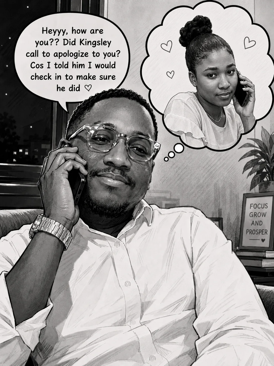 Illustration of Herbert on the phone asking Mariam whether Kingsley had called to apologise, with Mariam pictured in a thought bubble